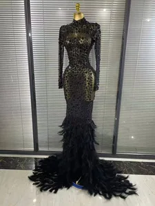 Black Red Women Long Sleeve Sexy Sparkly Crystal Mesh See Through Feathers Floor-length Mermaid Dress Evening Party Prom Outfit