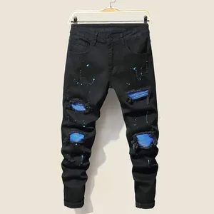 High Stretch Men's Ripped Jeans for Men Cool Skinny Slim Denim Pants Patchwork Hip Hop Black Blue Casual Jogging Trousers