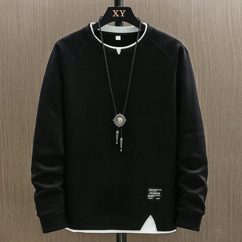 2025 New Mens Casual Sweatshirts Harajuku Solid Color Fashion Fake Two Pieces O-Neck Sweatshirt Hoodies Hip Hop Male Streetwear