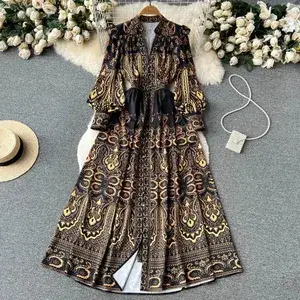 Women's Dress Palace Retro Printing Spring Autumn Winter Long Sleeve Elegant Dresses Single Breasted A-Line Shirts Vestidos Robe