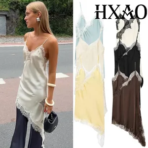 Slip Womens Dresses Sleeveless Black Lace Dress Woman Asymmetrical Elegant Party Dresses Sexy Backless Satin Yellow Dress