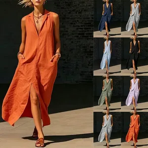 Casual Lapel Loose Sleeveless Maxi Dresses For Women Summer Tank Split Beach Long Dress Solid Colors With Pockets 2026 Sundress