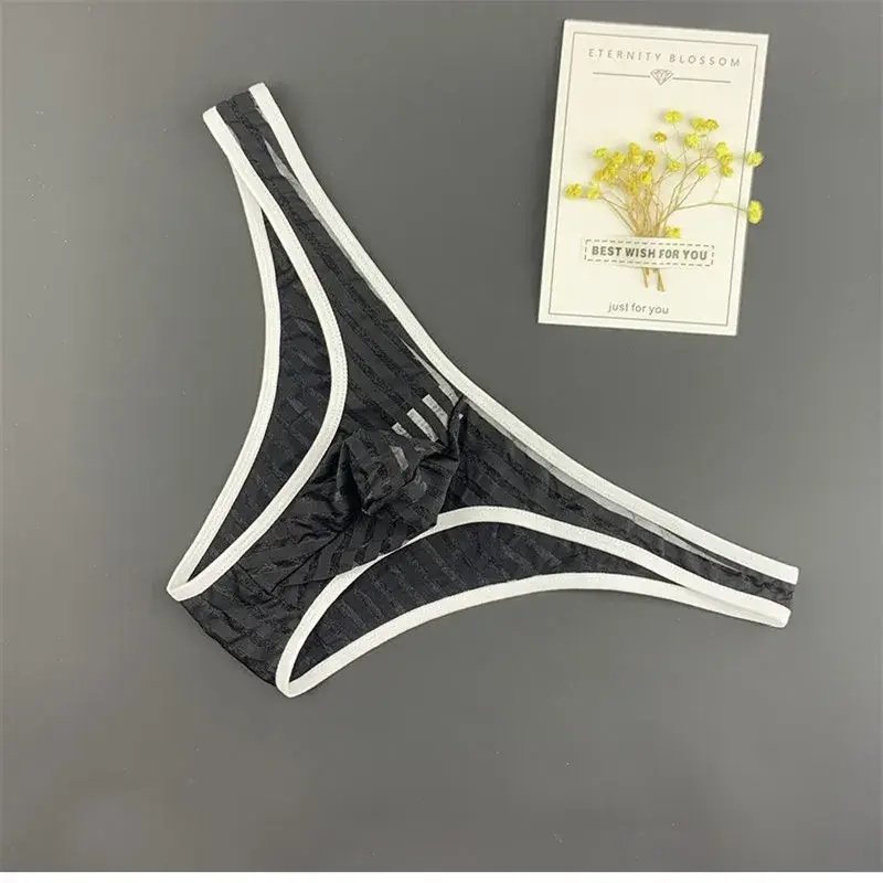 Sexy Stripe Transparent Men Brief Nylon Ice Silk Underwear Low Waist Breathable Male Panties Intimate S-XL
