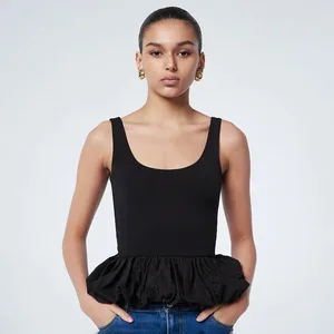 Square Neck Tank Tops For Women Sleeveless Backless Crop Top With Peplum Bubble Hem Summer Top Black White