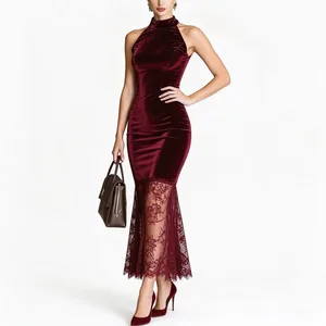 Solid Burgundy Velvet Sleeveless Midi Dress High Neck Halter Bodycon Lace Mermaid Hem Night Out Cocktail Party Dress