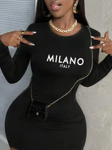 Womens Long Sleeve Bodycon Dress Casual Slogan Graphic Spring/Summer & Autumn/Winter Chic Style