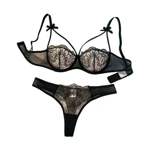 2-piece Women's Black Comfortable Lightweight Bow Womens Lace Embroidery Semi-Sheer Adjustable Strap Bra and Panty Set