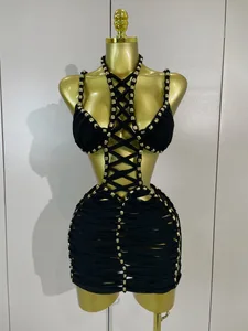 Sexy Black Halter Neck Perspective Hollow Mini Dresses 2026 Women Summer Backless Nightclub Party Evening Club Performance Dress