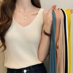 New Summer Sexy V-Neck Sleeveless Knit Women Camis Slim Pure Desire Style Basic Crop Top Korean Style Solid Versatile Tank Top