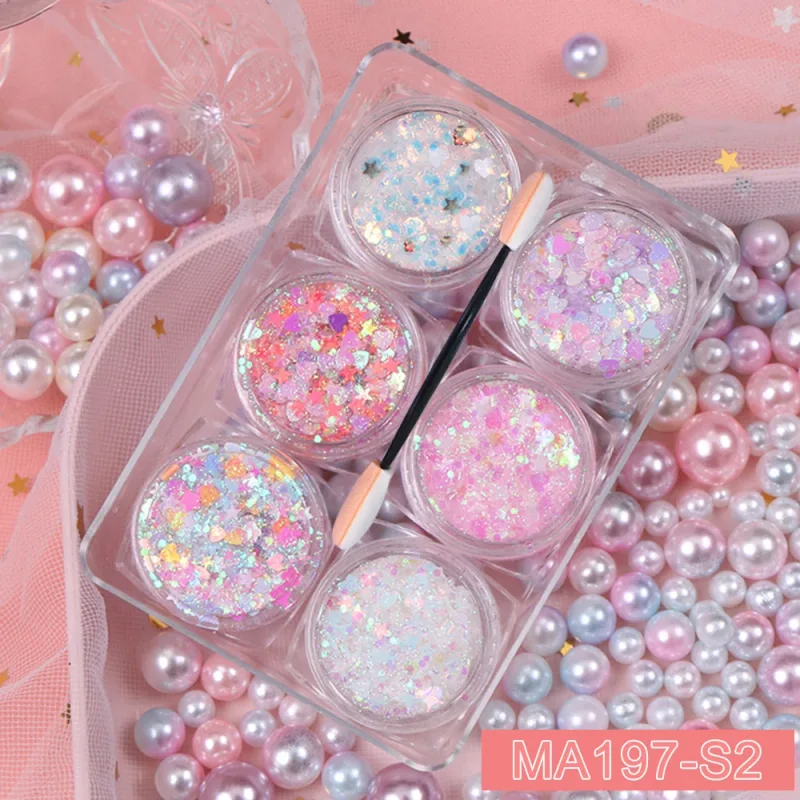 6Jar/set Holographic Body Glitter Gel Chunky Face Eye Heart Star Shaped Sparkle Glitter Sequins Makeup Nail Festival Party Decor