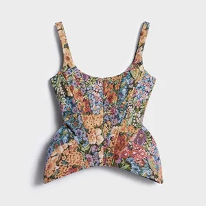 Elegant and Sexy Retro Printed Camisole Tight Corset Women's Backless Zipper Sleeveless Slim Fit High Street Party Vacation Top