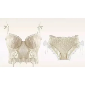 Women Lace Lingerie Set Ruffle Edge Mesh Cross Strappy Push Up Bra For Small Chest Sweet Soft Daily Comfy Underwear Two Piece