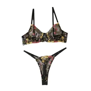 Sheer Intimates Transparent Lingerie Set Push Up Ultra-thin Embroidery Floral Underwear Elegant Bra Suit Women