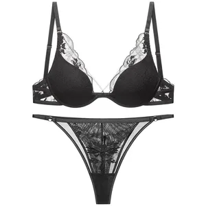 Logirlve French Thin Women Lingerie Set Sexy Satin Lace Splicing Comfort Bras Print Temptation Bra and Thong Sets Underwear