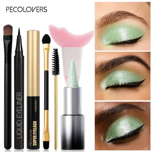 7 Pcs Eye‑Catching Eye Makeup Kit Sparkly Green Glitter Eyeshadow Stick Slim Liquid Eyeliner Curling Mascara with Makeup Tool