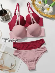 2 Packs Women's Underwire Padded Bra Sets Solid Push Up T-Shirt Bras with Matching Panties Sexy & Comfortable Everyday Lingerie