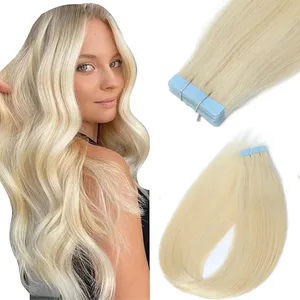Blonde Tape in Hair Extensions Human Hair Platinum #60 Straight Seamless Skin Weft Tape in Real Human Hair Extensions 50G