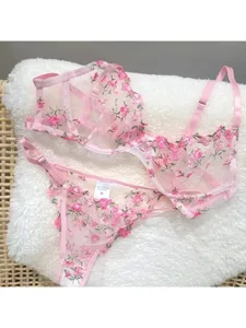 French Luxury Lingerie Set - Sexy Floral Embroidery Black Bra & Panty Set Sheer Transparent Seductive Women's Intimates