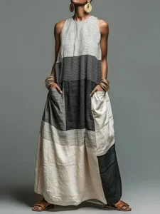 Summer Women Maxi Dress Stylish Color-Block Patchwork Loose Sleeveless Tank Long Dress Trendy Fashion Casual Pocket Dresses
