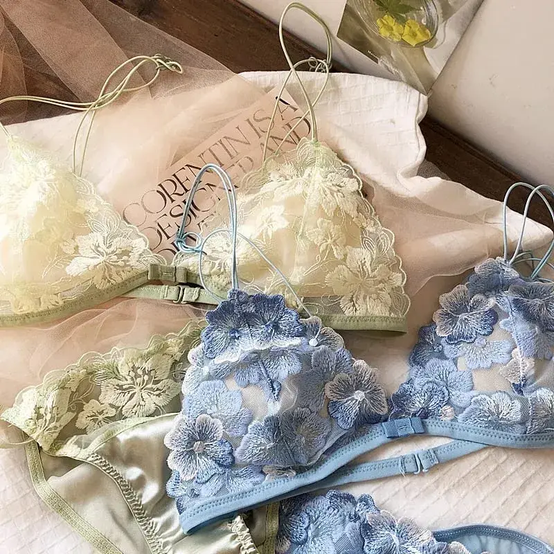Women Sexy Triangle Cup Lingerie French Ultra Thin Lace Flowers Embroidery Bra Set Young Girl Padded Brassiere and Panties Sets — image 1