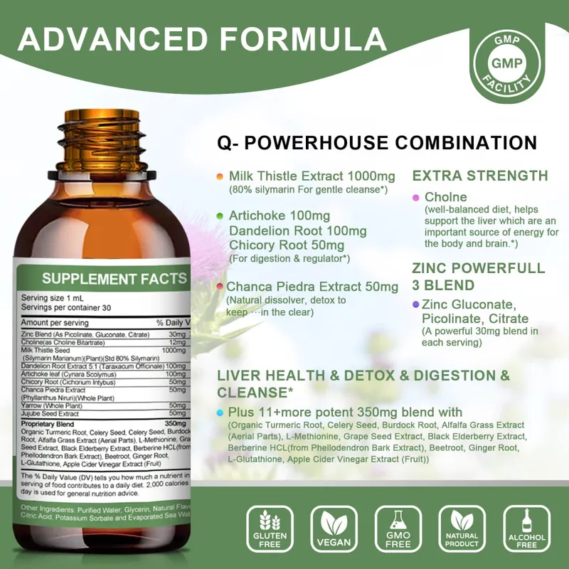 Mulittea Liver Health Gouttes avec chardon-Marie et artichaut - 60 ml Mélange d'herbes avec silymarine pissenlit curcuma et berbérine pour le nettoyage du foie, réparation détox et soutien quotidien