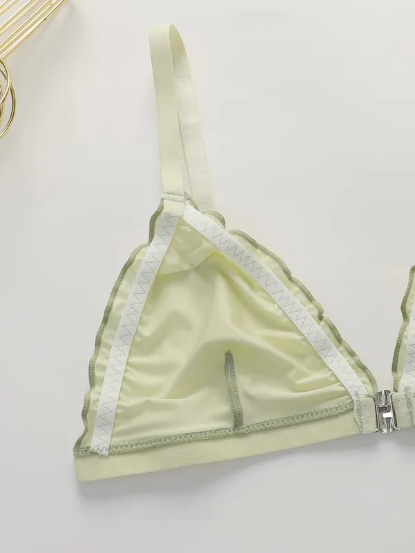 2Set Wanita Satin Segitiga Set Pakaian Dalam Wanita Bra Penutupan Depan Tanpa Wayar dengan Ruffle Trim Lembut Selesa Bra dan Set Seluar Dalam untuk Harian — image 4