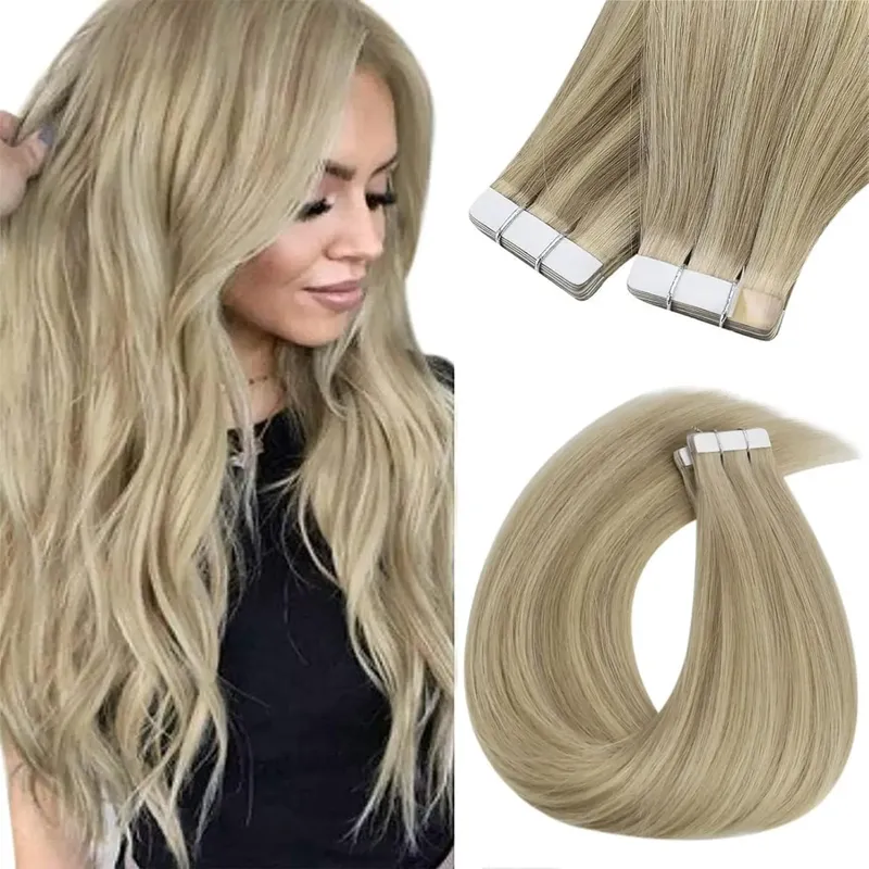 VeSunny Remy Tape In Hair Extensions 20&40&60Pcs 100% Real Natural Hair 12-24 Inches 30&50G Piano Color Highlight Invisible Tape