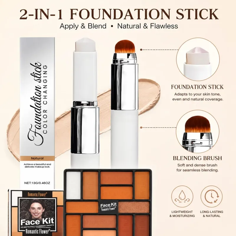 2-in-1 Color-Adapting Foundation Stick with Blending Brush and Warm Tone Eyeshadow Palette Makeup Set Novice beauty set — image 2