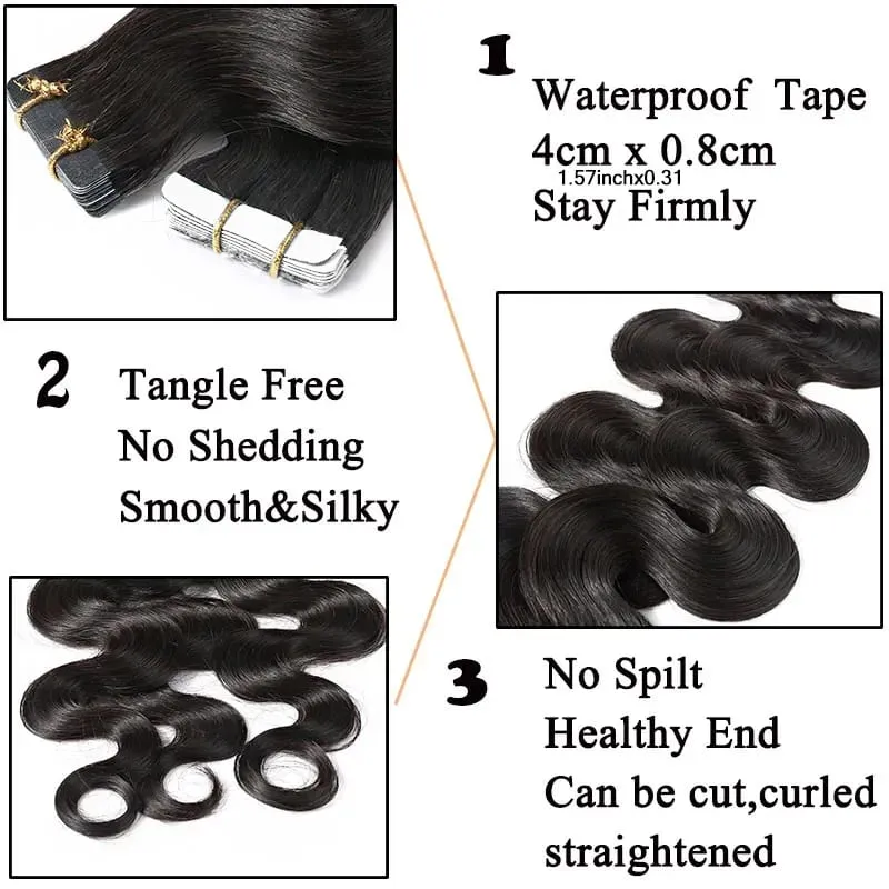 Body Wave Tape In Hair Extensions Extensions 100% Real Vietnamese Human Hair Natural Black Invisible Tape on For Woman 16-26inch — image 3
