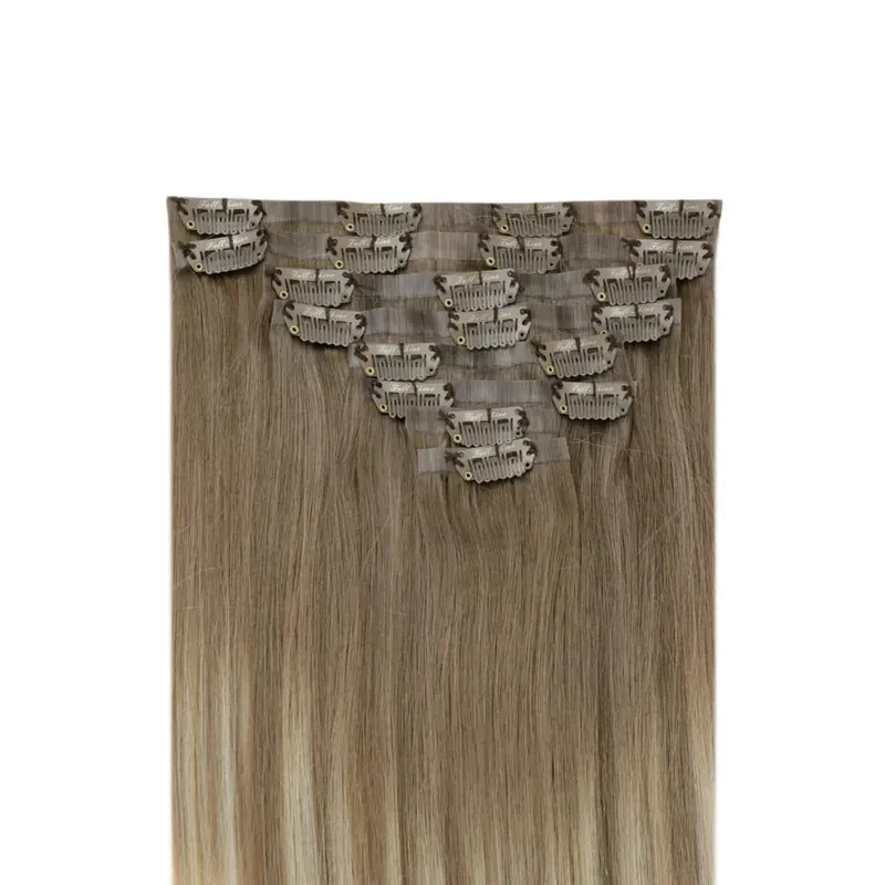 Full Shine Seamless Invisible Clip In Extensions Human Hair 8 Pcs 120g Remy Balayage Blonde Color