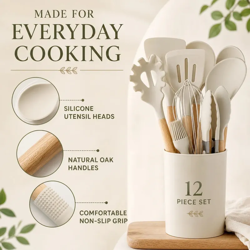 12PCS Silicone Kitchen Utensils Set with Holder - Nonstick Heat Resistant Wooden Handle Cooking Gadgets Set with Spatula Whisk Tongs & Spoon for Home Essentials — image 2