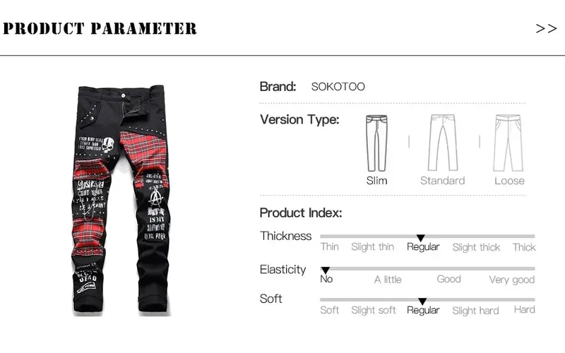 Men's Scotland Red Plaid Tartan Patchwork Jeans Punk Rivet Patch Black Denim Pants Skull Letters Printed Slim Straight Trousers — image 8