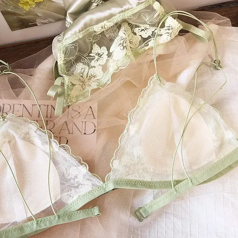 Women Sexy Triangle Cup Lingerie French Ultra Thin Lace Flowers Embroidery Bra Set Young Girl Padded Brassiere and Panties Sets — image 6