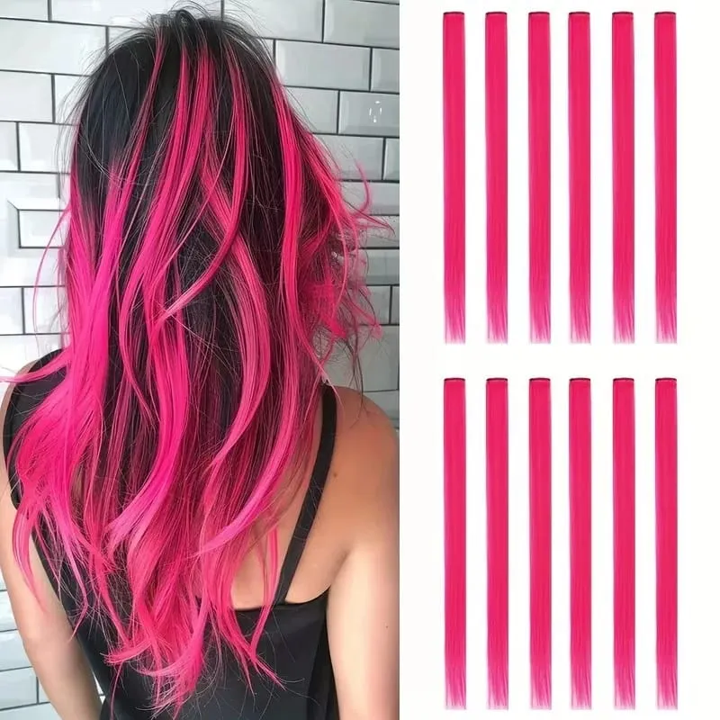 12pcs Colorful Bright Pink Hair Extensions Clip in Colored Party Highlights Extension Synthetic Hairpieces Straight for Women — image 2
