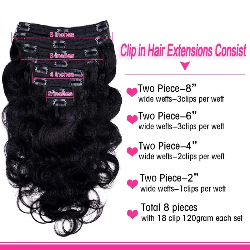 Body Wave Clip in Hair Extensions 100% Human Hair With Double Weft Brazilian Clip In 8Pcs 120G For Black Woman Clip Ins Hair #1B — image 4