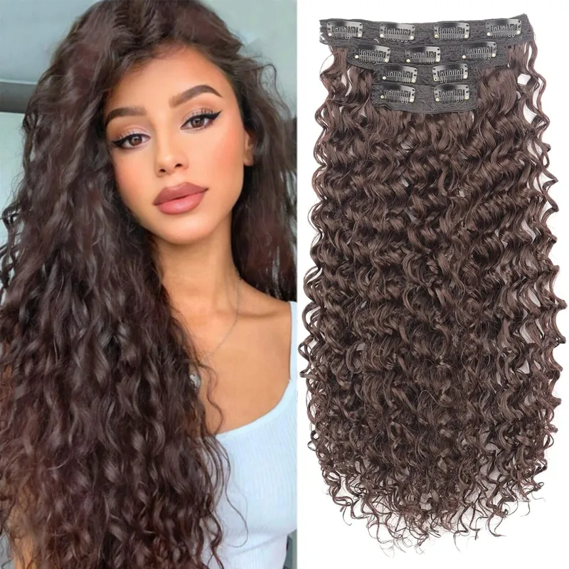 Synthetic Kinky Curly Clip In Hair Extensions Black Brown 4pcs/set Full Head Fake Pieces Hair Accessories Suitable For Women