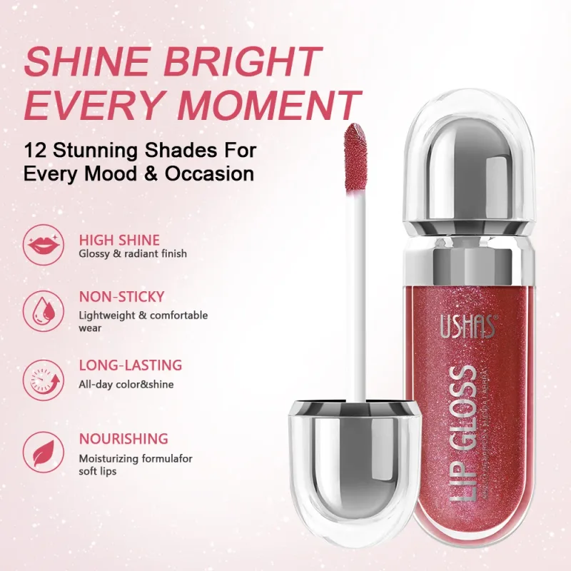 Shimmer Lip Gloss 12 Shades Glass High Shine Non-Sticky Moisturizing Long Lasting Plumping Lip Makeup — image 2