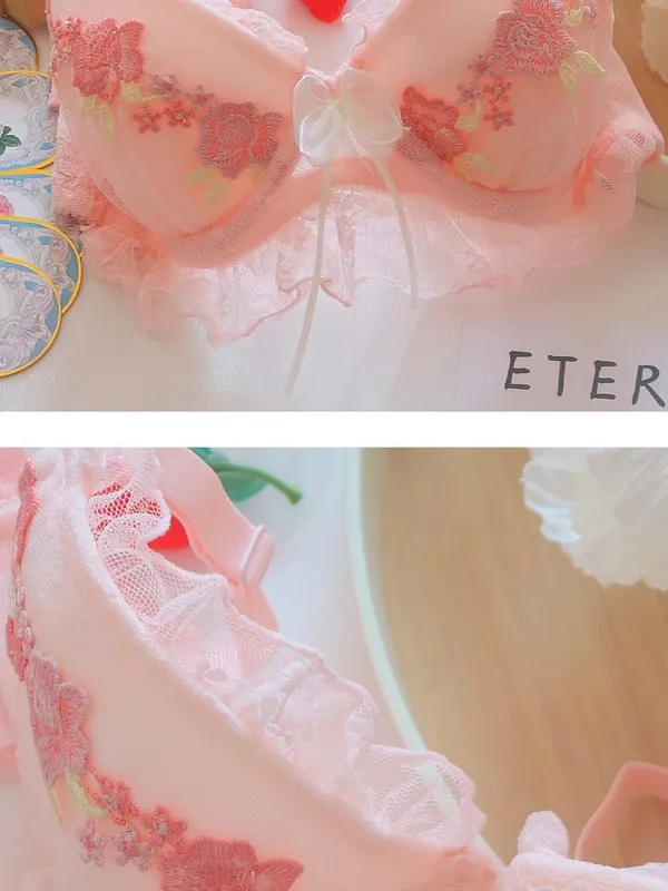 Sweet girl underwear suit lace water soluble flowers comfortable with steel rings gathered lingerie panty sets large size bra — image 5