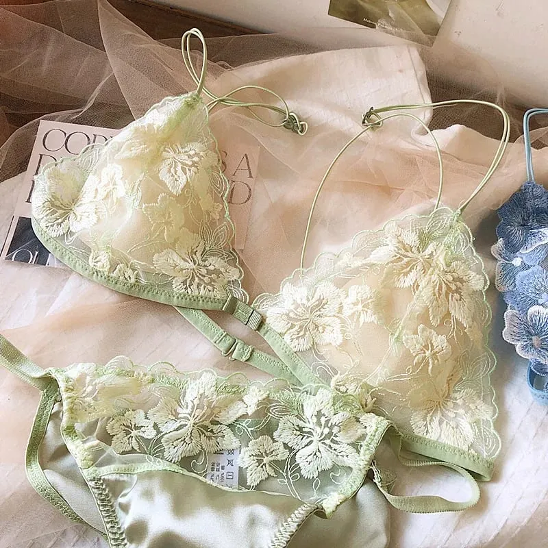 Women Sexy Triangle Cup Lingerie French Ultra Thin Lace Flowers Embroidery Bra Set Young Girl Padded Brassiere and Panties Sets — image 8