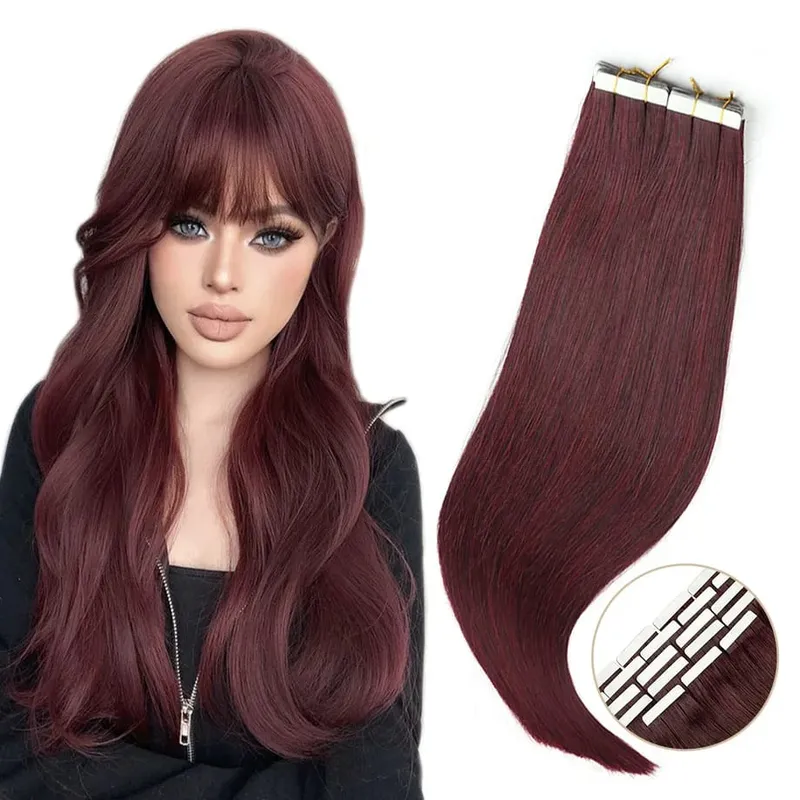 Wine Red Tape in Hair Extensions Real Human Hair 12-24" Invisible Seamless Burgundy Human Hair Tape in Extensions #99J 20/40pcs