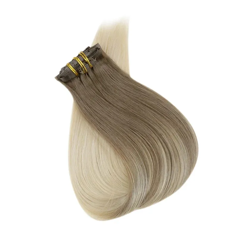 Full Shine Seamless Invisible Clip In Extensions Human Hair 8 Pcs 120g Remy Balayage Blonde Color