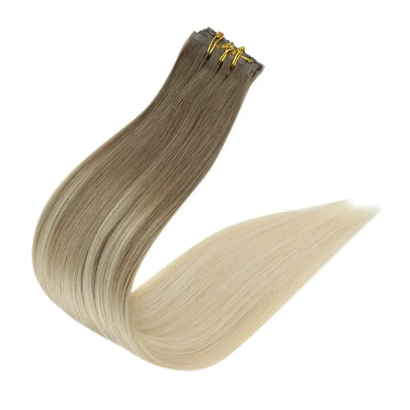 Full Shine Seamless Invisible Clip In Extensions Human Hair 8 Pcs 120g Remy Balayage Blonde Color