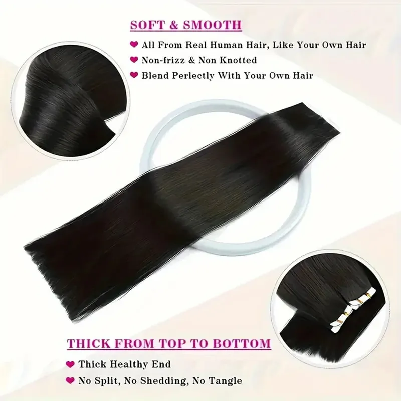 Tape In Hair Extensions Human Hair Straight Natural Black Seamless Weft Skin Extensions 20Pcs 50g/Pack Invisible Tape ins Hair — image 4