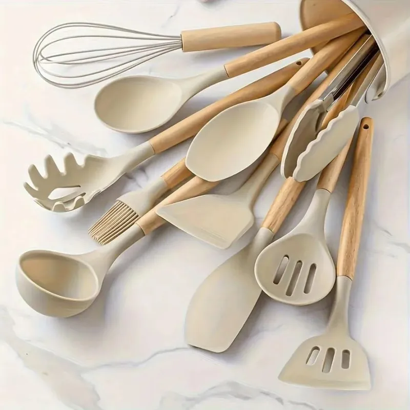 12PCS Silicone Kitchen Utensils Set with Holder - Nonstick Heat Resistant Wooden Handle Cooking Gadgets Set with Spatula Whisk Tongs & Spoon for Home Essentials