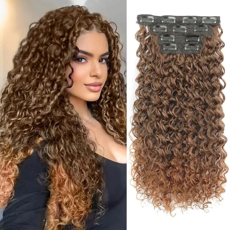 Synthetic Kinky Curly Clip In Hair Extensions Black Brown 4pcs/set Full Head Fake Pieces Hair Accessories Suitable For Women