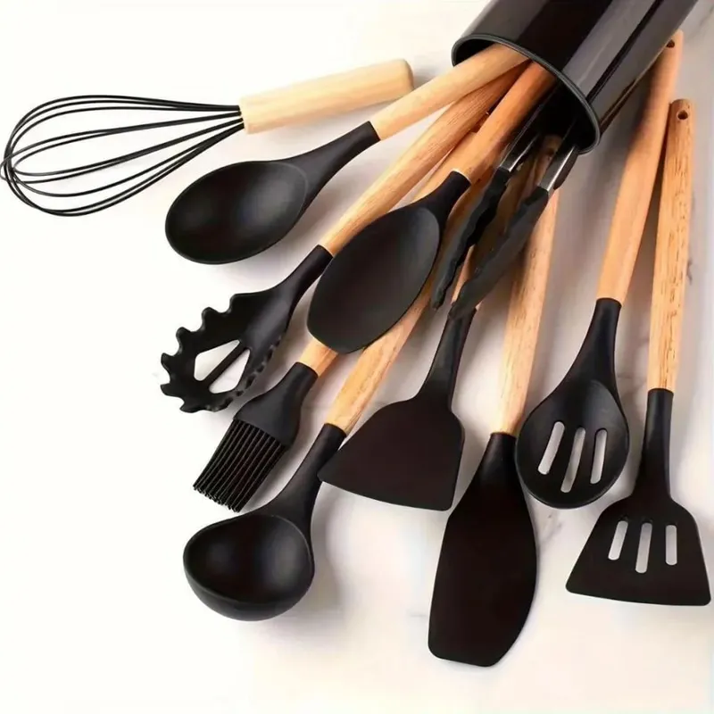 12PCS Silicone Kitchen Utensils Set with Holder - Nonstick Heat Resistant Wooden Handle Cooking Gadgets Set with Spatula Whisk Tongs & Spoon for Home Essentials — image 11