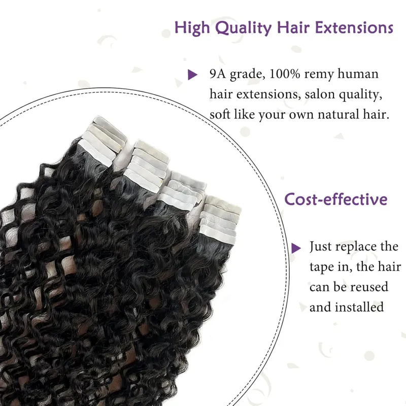 Deep Wave Tape In Hair Extensions Human Hair 20Pcs Double Sided Invisible Tape Hair Extension 50G/Pack Remy Human Hair Tape Ins — image 4