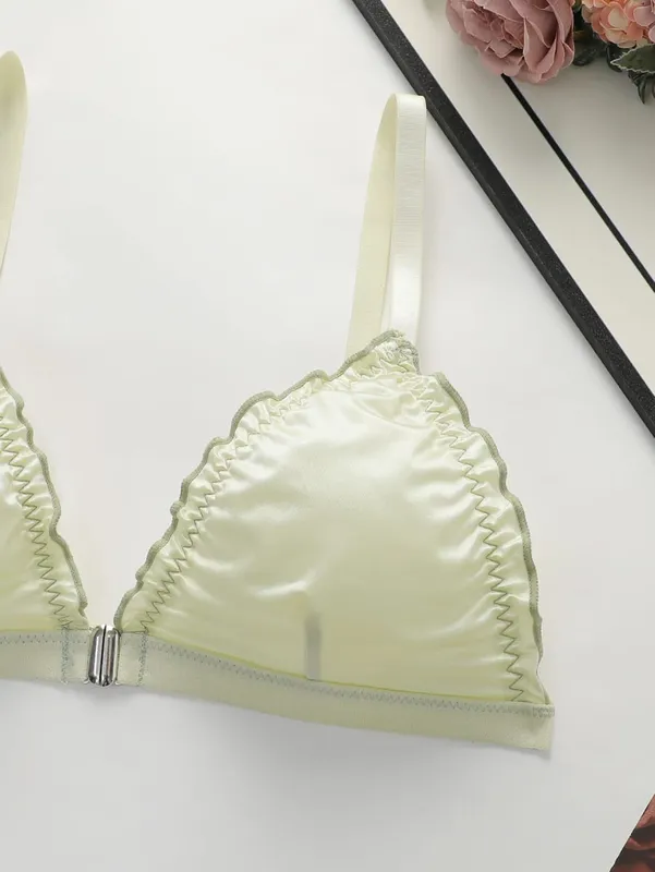 2Set Wanita Satin Segitiga Set Pakaian Dalam Wanita Bra Penutupan Depan Tanpa Wayar dengan Ruffle Trim Lembut Selesa Bra dan Set Seluar Dalam untuk Harian — image 3