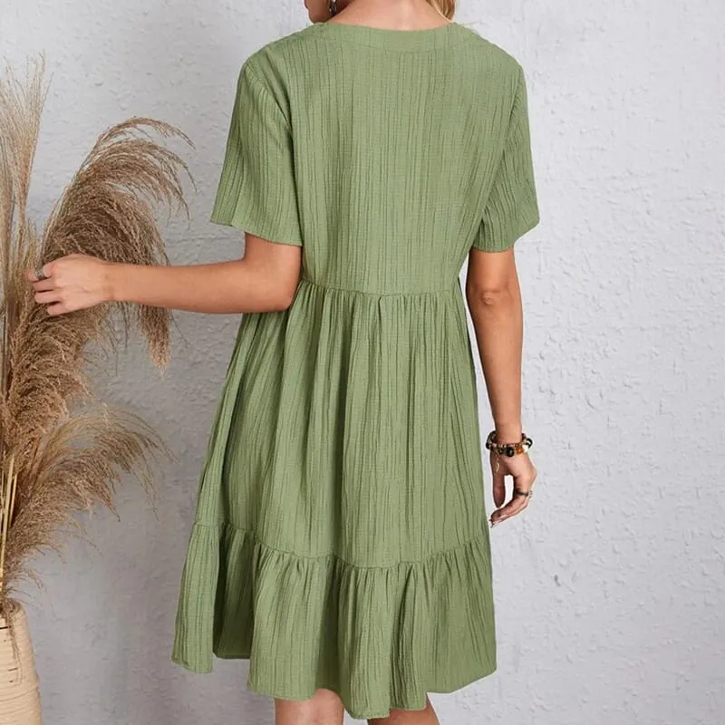 Summer Casual Women Elegant Short Sleeve V Neck Ruffles Dress Solid Loose Mini Dress Chic Bohemian Sundress Beach Party Vestidos — image 5