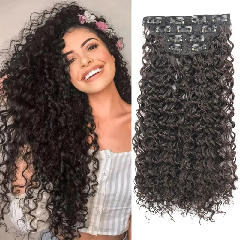 Synthetic Kinky Curly Clip In Hair Extensions Black Brown 4pcs/set Full Head Fake Pieces Hair Accessories Suitable For Women